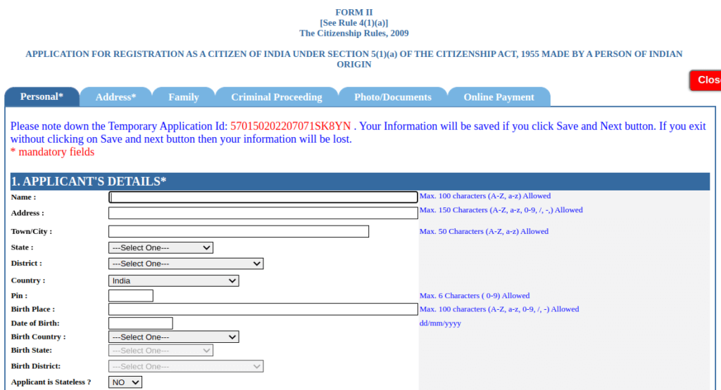 Online Apply Indian Citizenship Form